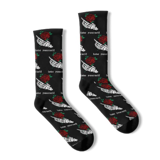 Love Yourself Skeleton Hand Rose Aesthetic Goth Gr Socks