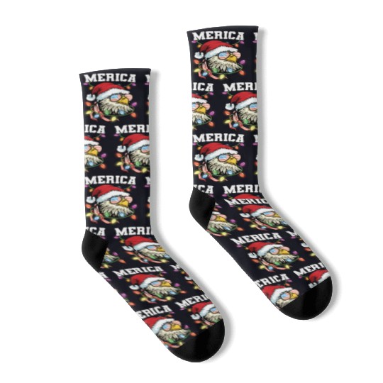 Merica Usa Flag Patriotic Veteran Santa Bald Eagle Socks