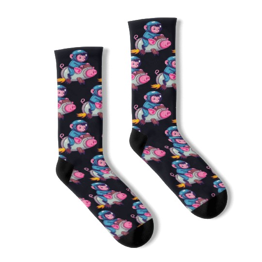 Pig and Monkey as Astronauts Socks
