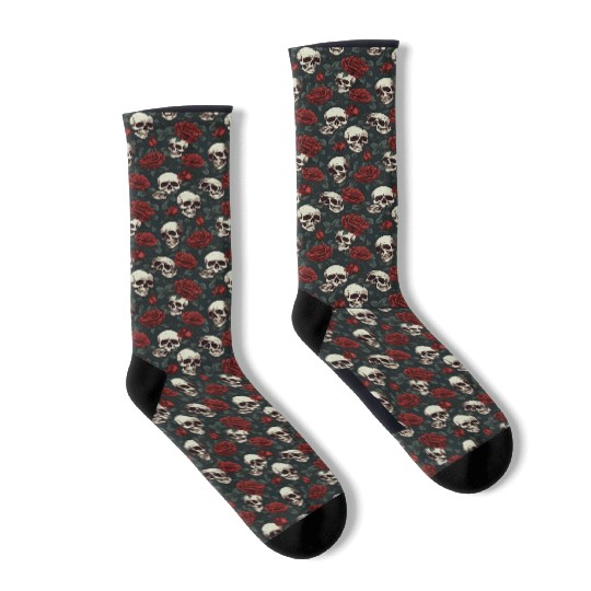 Dark Elegant Gothic Pattern Skulls & Red Roses Socks