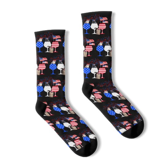 Cat 4Th Of July Red White Blue Wine Socks