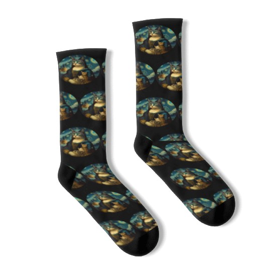 Mona Lisa With Cats Starry Night Van Gogh Painting Socks