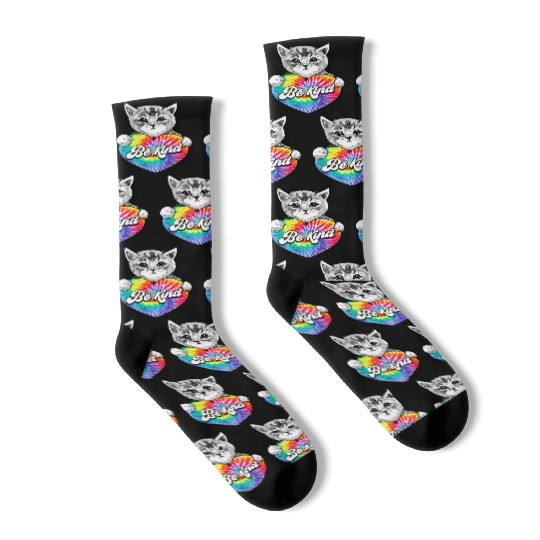Be Kind Cat Tie Dye Decorated Heart Kitten Pride Socks