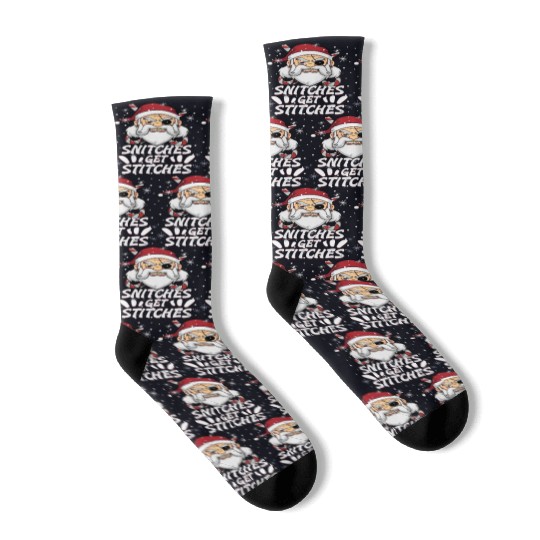 Snitches Get Stitches Santa Hat Funny Santa Pirate Socks