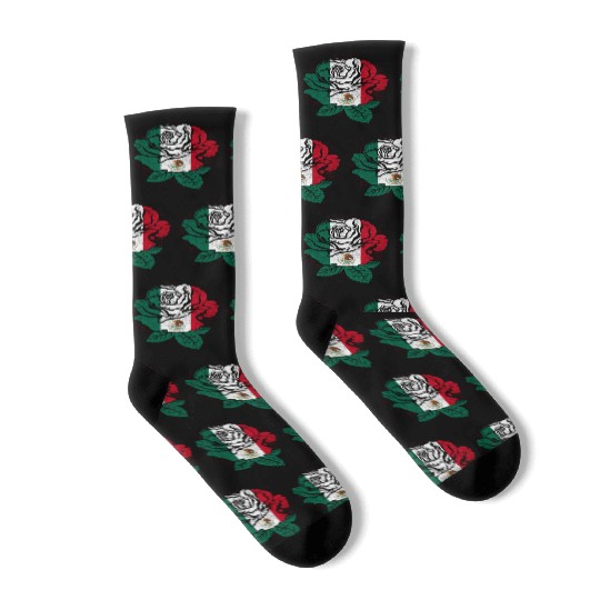 Mexico Rose Flower Mexico Flag Mexican Socks
