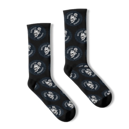 Dark Navy Illustrated Skull Hopeless Romantic Socks