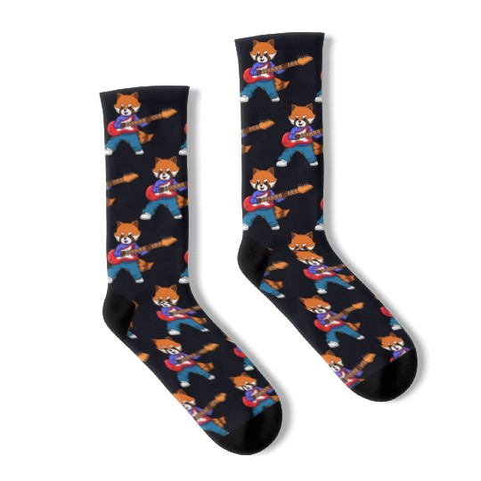 Comic Red Panda Playing Electric Guitar Socks