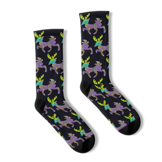 Whimsical Purple Cactus Deer Alebrije Socks