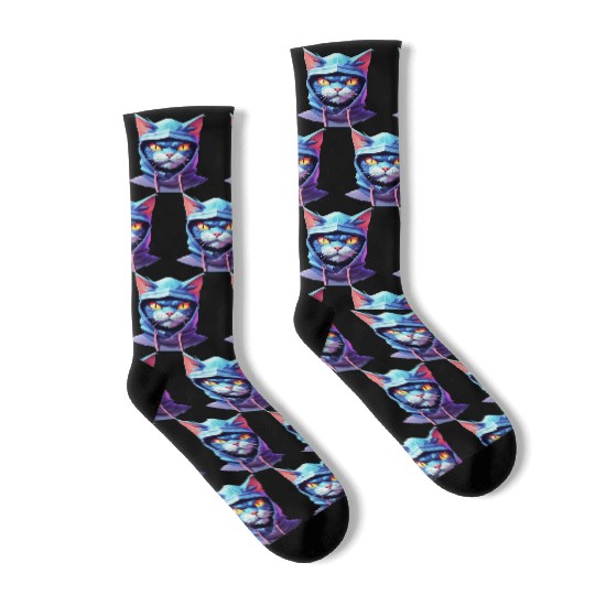 Bold Pastel Prowler: Ninja Cat's Sublime Ferocity Socks