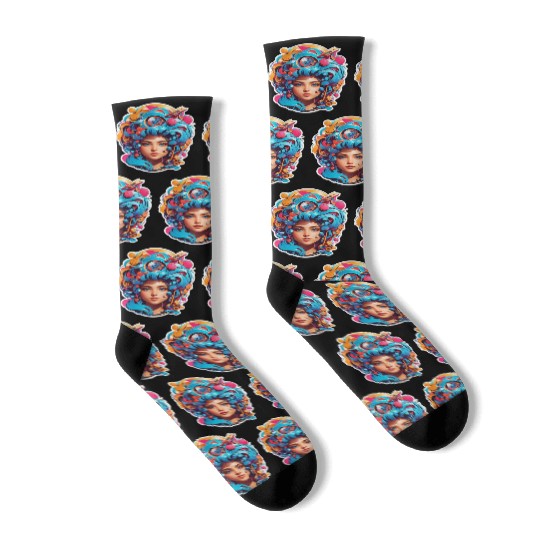 Psychedelic girl with multi color hair. futuristic Socks