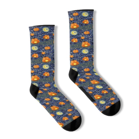 Starry Night with Pumpkins Funny Halloween Art Socks