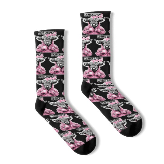 In October We Wear Pink Cow Fighter Breast Cancer Socks