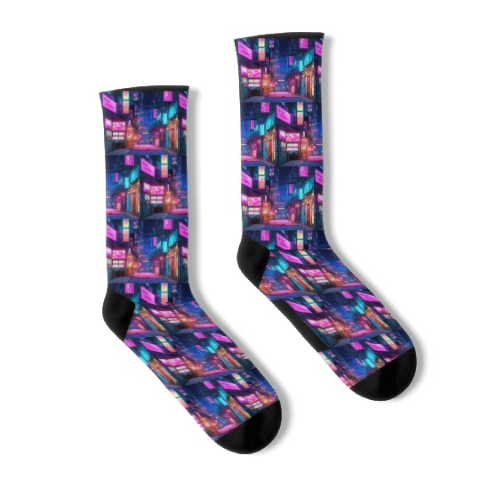Anime-Inspired Tokyo Street Digital Art - Vibrant Socks