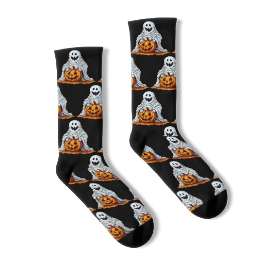 Funny Halloween Pumpkin With Cute Ghost Socks