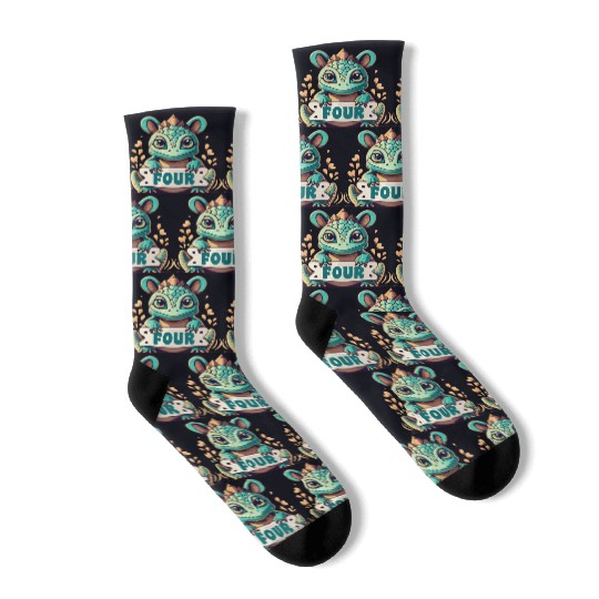 Fantasy Reptile Creature With Word "Four" Socks