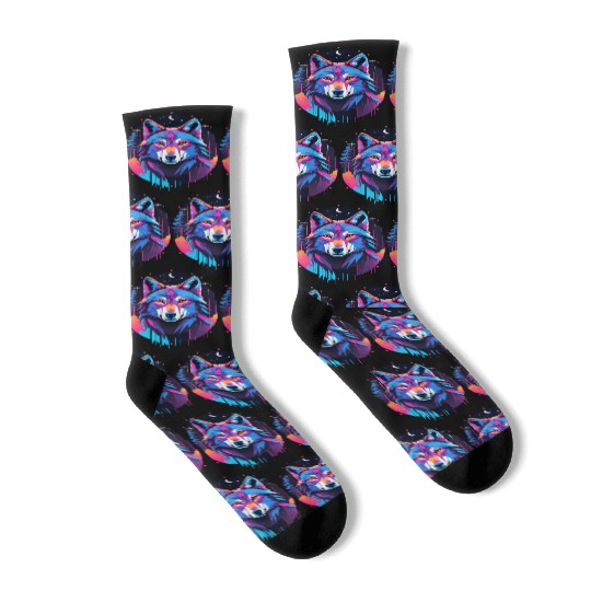 Eerie Blacklight Wolf Socks - Neon Colors