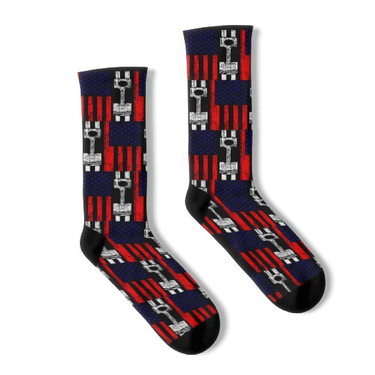 American Flag Piston Muscle Car Patriotic Vintage Socks