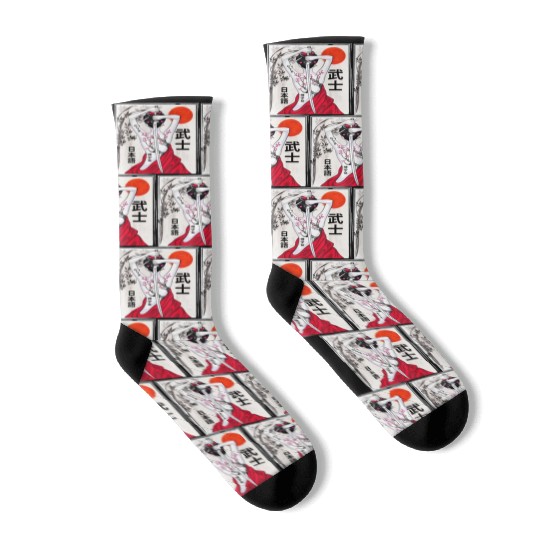 Vintage Japanese Samurai Culture Sakura Scenery Socks