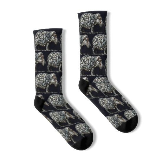 Monochrome Mosaic Hippopotamus -Pebble Art Socks