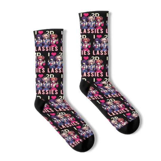 I Love 2D Lassies Anime Manga Waifu Otaku Novel Socks