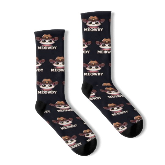 Cute Meowdy Cat Cowboy Pun Socks