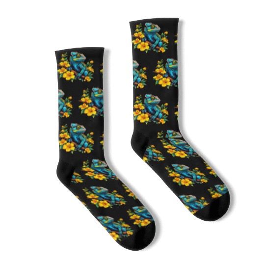 Chameleon on a Branch Surrounded by Flowers Socks