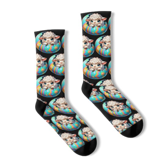 Colorful Lamb Hatching from Easter Egg Cartoon Socks