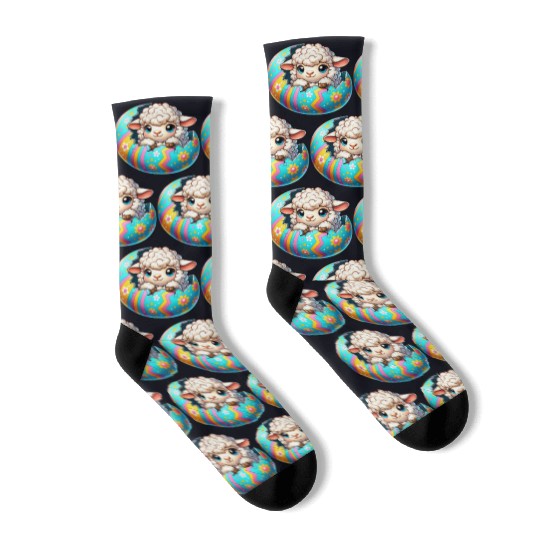 Colorful Lamb Hatching from Easter Egg Cartoon Socks