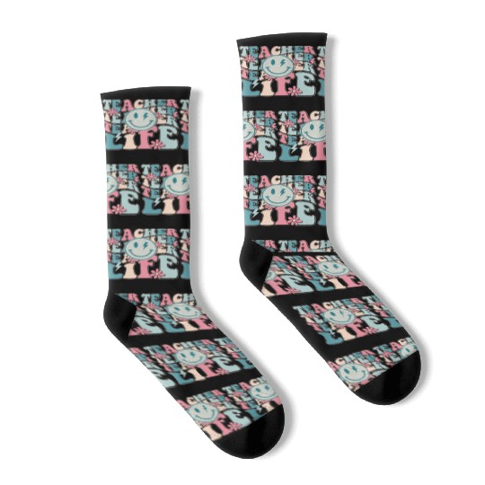 Teacher Life Happy Face Teachers Day Retro Socks