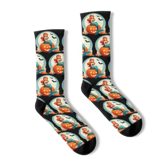 Mermaid Sitting on Halloween Pumpkin Socks