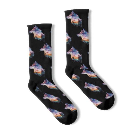 Wolf Print, Cosmic Wolves, Animal Print, Cosmos Socks