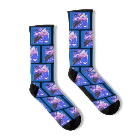 Blue Queen Of Spades Playing Card Socks