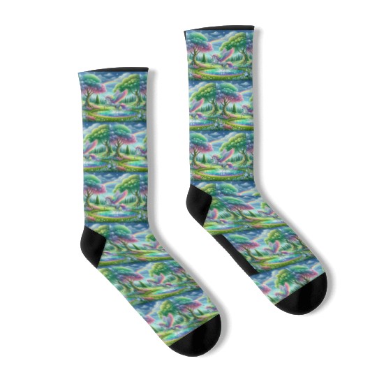 Enchanted Rainbow Unicorn Over Sparkling Pond Socks