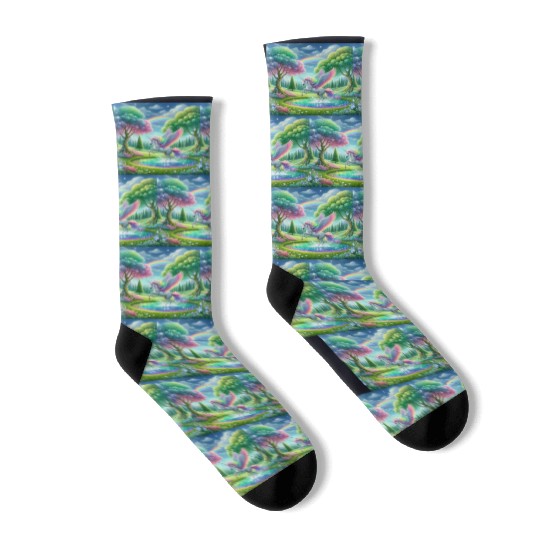 Enchanted Rainbow Unicorn Over Sparkling Pond Socks