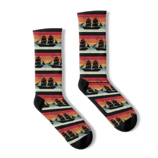 Vintage Retro Sun Set Pirate Ship Socks