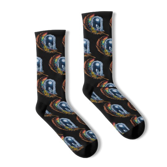 Glowing feather with wolf howling at the moon Socks
