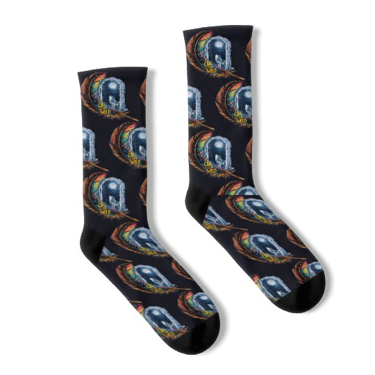 Glowing feather with wolf howling at the moon Socks