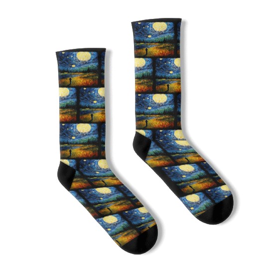 Golf Player Golfer Golfing Starry Night Painting Socks