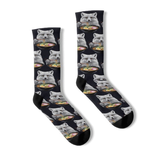 Arctic Fox Eating Ramen Realistic Socks