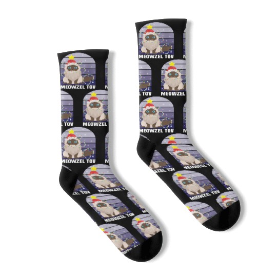Meowzel Tov Hanukkah Black Cat Christmas Lights Socks