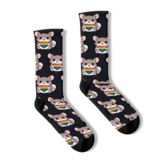LGTBQ Chinchilla Holding Rainbow Heart Cute Pride Socks