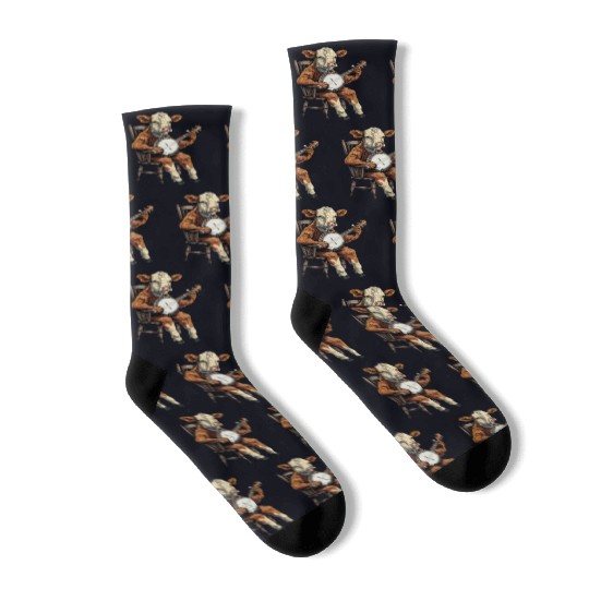 Hereford Cattle Farmer Bluegrass Banjo Player Socks