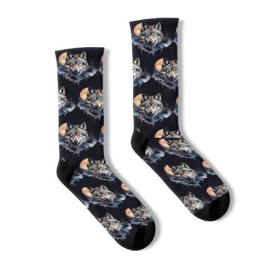 Wolf Portrait Under Full Moon Design Socks