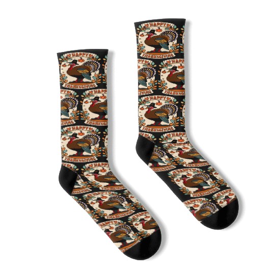 Pilgrim Turkey - Thanksgiving Celebration Art Socks