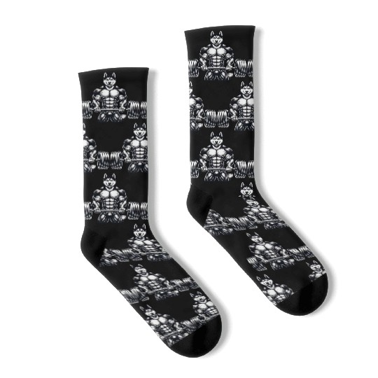 Cool Husky Fitness Bodybuilder Workout Cartoon Socks