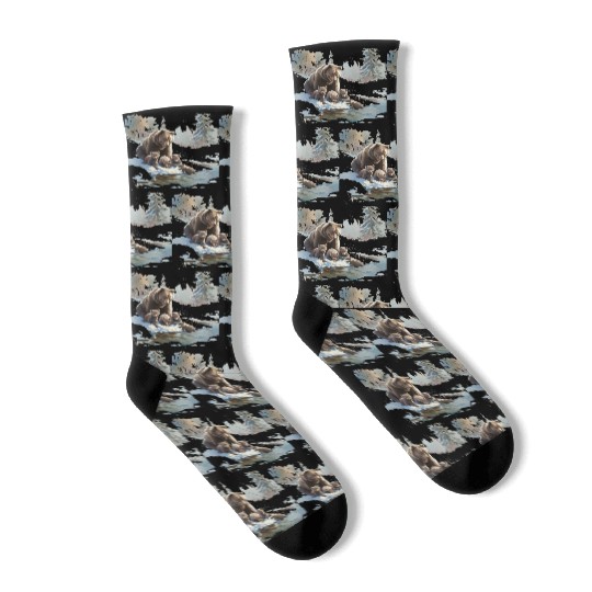 Retro 399 Grizzly Bears Wilderness Scene 90s Socks