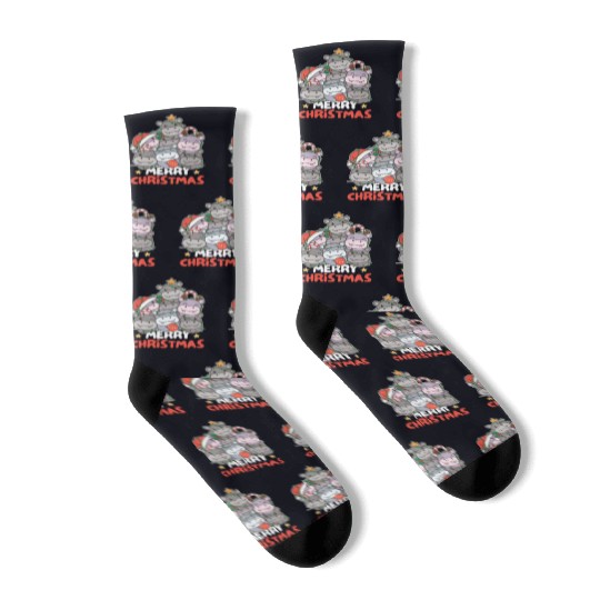 Hippo Christmas Tree Merry Christmas Socks