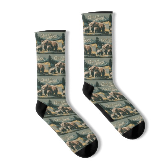 Queen of the Tetons Grizzly 399 Vintage Nature Art Socks