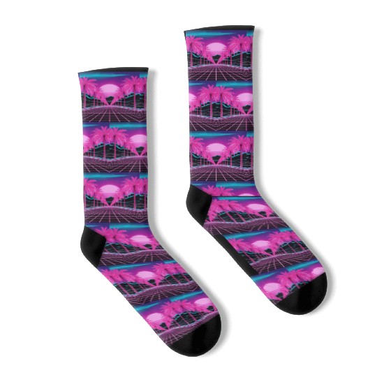Neon Dreamscape: Retro-Futuristic Synthwave Sunset Socks