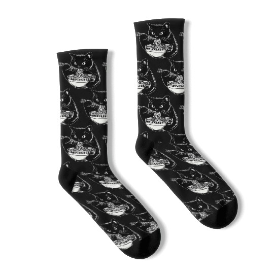 Cat Eating Ramen Noodles Japanese Funny Socks